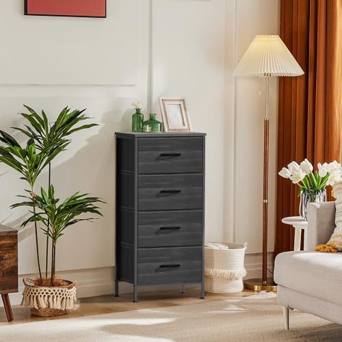 DUMOS Nightstand with 4 Drawers Bedside Table with Removable Fabric Bins Sturdy Steel Frame Wood Top Organizer Furniture for Bedroom Closet Living Room,Black Wood Grain - Image 2