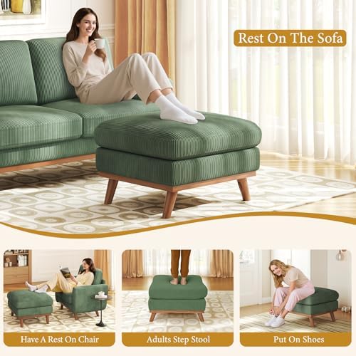 Vesgantti Large Ottoman for Modular Sofa, 29.5" Corduroy Pouf Ottoman with Spring Cushion, Rectangle Foot Rest for Couch, Entrance Footstool with Wood Legs, Footstool for Living Room, Bedroom, Green - Image 6