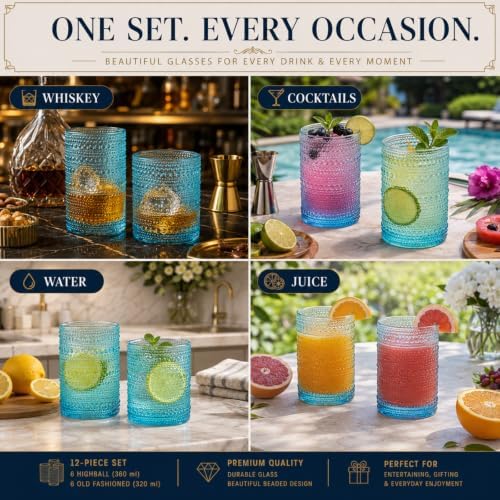 Khen Hobnail Beaded Highball Drinking Tumbler Glasses | Set of 12 | Color, Vintage Bubble Design Whiskey Glassware, Old-Fashioned, Embossed Design for Water, Wine, Cocktail Embossed, Rocks Glass - Image 2