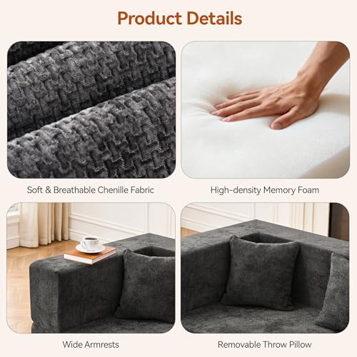 MONVANE 75" Loveseat Sofa, Comfy Chenille Modular Sectional Sofa with 4 Pillows, Modern Deep Seat Boneless Couch, 2 Seater Sofa for Living Room, Bedroom and Apartment, Grey - Image 4