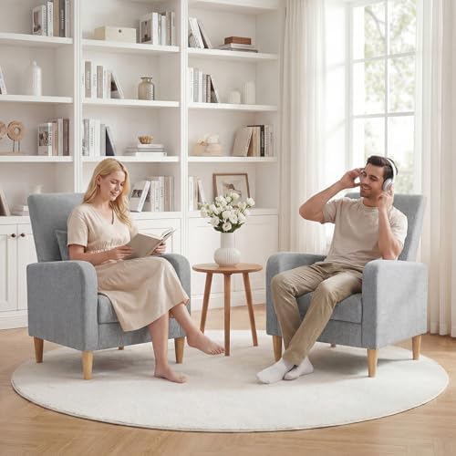 COLAMY Mid-Century Modern Accent Chair, Fabric Upholstered Living Room Chair with Back Pillow & Solid Wood Legs, Comfy Armchair for Living Room, Bedroom, Single Sofa, Grey - Image 3