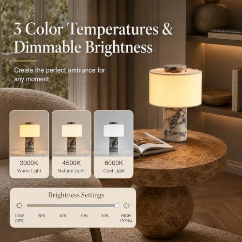 Marble Table Lamp, Rechargeable Cordless Touch Lamp with 3 Color Temperatures & Stepless Dimming, Natural Stone Bedside Night Light, Modern Wireless Lamp for Bedroom Nightstand - Image 4