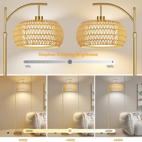 ZECOXOL Gold Floor Lamps for Living Room Rattan Boho Floor Lamp with Remote Control & 3 Color Temperature,Dimmable Arc Floor Lamps Brass Standing Lamp Tall Floor Lamp for Bedroom Living Room Corner - Image 2