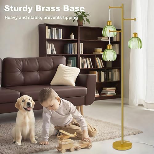 Tree Floor Lamp with 3 Light Bulbs, Vintage 3 Heads Flower Floor Lamp, Tall Gold Vintage Lamps with Brass Base Foot Switch, Boho Standing Lamps for Living Room with Green Glass Flower Shades - Image 6