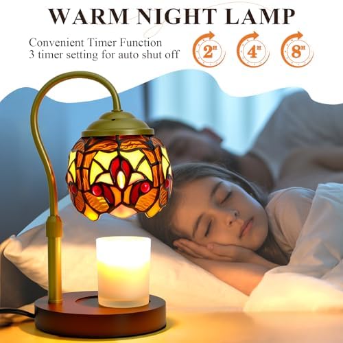Tiffany Style Candle Warmer Lamp with Timer, Dimmable Stained Glass Candle Lamp Warmer, Birthday Gifts for Mom Women Friend Sister Baroque Wax Melt Warmer with 2 Bulbs for Home Deco - Image 2