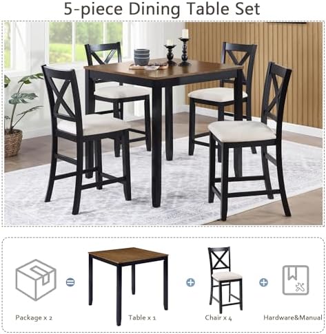 Harper & Bright Designs Counter Height Dining Table Set 5-Piece for 4, Farmhouse Kitchen Table 34.5" Square with 4 X-Back Chairs, Black & Oak for Small Space - Image 7