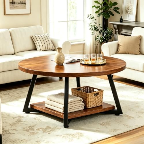 Coffee Tables for Living Room, 27.6" Round Coffee Table, Brown Coffee Table - Image 2