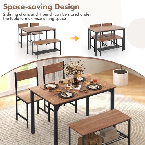 Dining Table Set for 4 with Storage Bench & 2 Chairs, Teak - Image 3