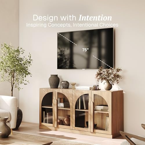 BELLEZE Bijou 64" Arched Glass Door Sideboard, Accent Buffet Cabinet with Storage and Adjustable Shelves, Classic Modern Large Console Table for Dining Room Living Room Entryway - Camel - Image 3