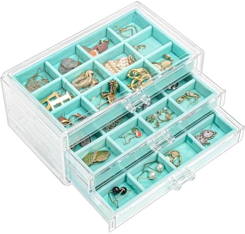 ProCase Earring Holder Organizer Jewelry Box with 3 Drawers, Aqua by ProCase