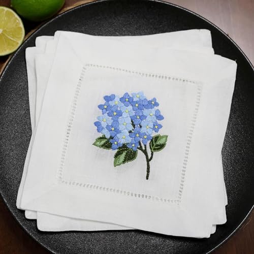 Linen Cocktail Napkins White Set of 6 Hand Embroidered Hydrangea 6"x6" Reusable Mini Cloth Hemstitched Coasters for Birthday Wedding Garden Party Present Blue by Unknown