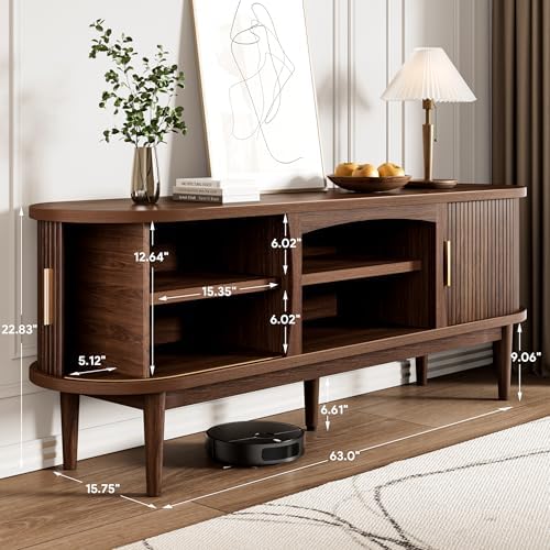 Decofy Mid Century TV Stand for TVs up to 70 Inches Entertainment Center with Storage, Power Outlet, Fluted Sliding Doors & Adjustable Shelves, Modern Media TV Console Table for Living Room (Walnut) - Image 2