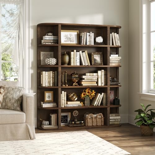 TVU 5-Tier Wood Book Shelf, 47" Wide Large Bookshelf and Bookcase, 62" Tall Bookshelf with Curved Side Shelves, Freestanding Wood Display Book Shelves for Living Room, Home Office, Walnut - Image 4
