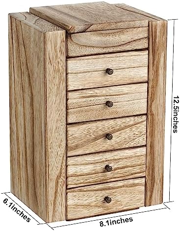 Meangood Jewelry Box Wood for Women, 6-Layer Large Organizer Box with Mirror & 5 Drawers for Rings, Earrings, Necklaces, Vintage Style, Torched Wood - Image 6