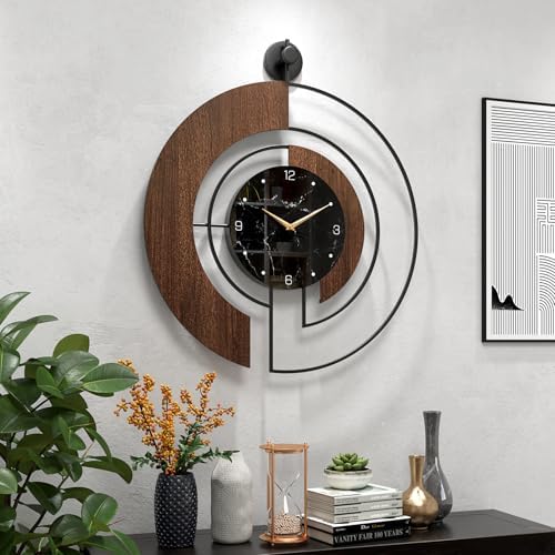 Modern Walnut Marble Dial Wall Clock, Large Wood Metal Frame Silent Non Ticking Wall Clocks for Living Room, Bedroom Decoration, Contemporary Home Wall Decor Gift Idea, 26.4 in by VIVIFLYSE
