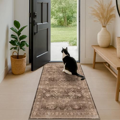 Brown 2x5 Entryway Runner Rugs, Small Runners for Kitchen, Door Mat Indoor Entrance, Bathroom, Non-Slip Low-Pile Washable Stain Resistant, Vintage Taupe Earthy Decor by HazoHaus