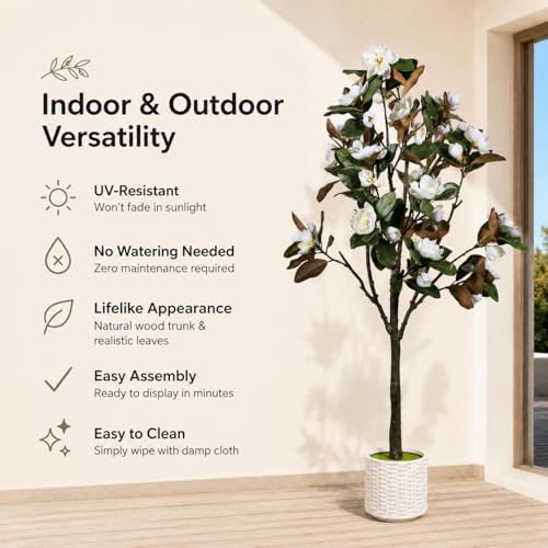 6ft Faux Magnolia Flower Tree Indoor Artificial White Floral Tree with Easy Plug-in Assembly, Realistic Large Fake Greenery Floor Plant for Modern Farmhouse Home Corner Office Decor - Image 2