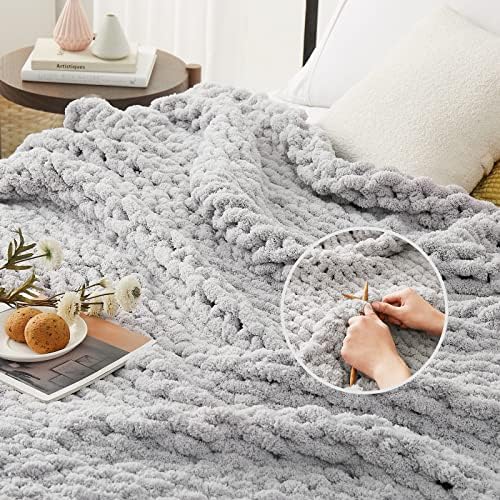 L'AGRATY Chunky Knit Throw Blanket for Couch, 80'' x 90'' Knit Throw, Grey - Image 3
