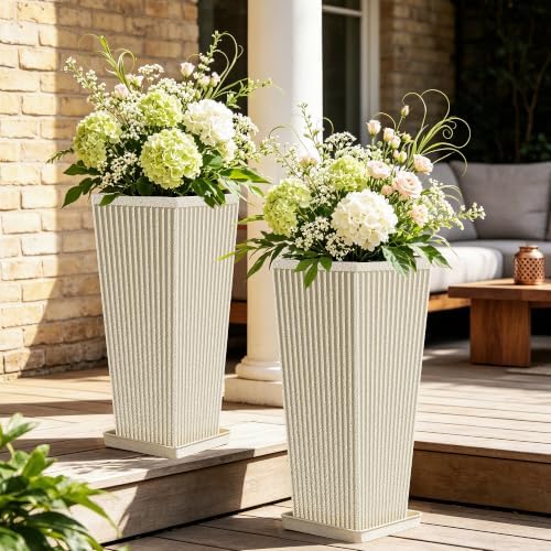 24" Tall Planters for Outdoor Plants with Tray Set of 2 Resin Beige by Unknown