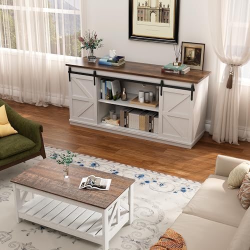 YESHOMY 58" Farmhouse TV Stand for TVs up to 65", Sliding Barn Doors, White - Image 4