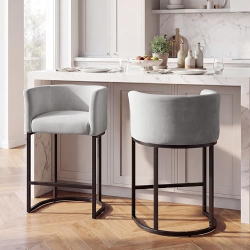 GRUSIGN Chenille Counter Height Bar Stools Set of 2, 26" Kitchen Island Stools with Arms & Footrest, Upholstered Barrel Back Bar Chairs for Kitchen, Dining Room, Bar & Lounge Area, Grey by GRUSIGN