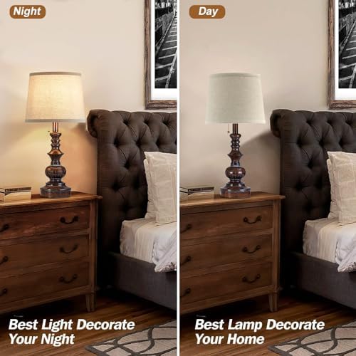 Drawealth Vintage Bedside Table Lamps Set of 2 for Bedroom Nightstand Lamps with USB Charging Ports Rustic Farmhouse Small Table Lamp for Living Room End Tables Brown Wooden Finish, Pull Chain - Image 7