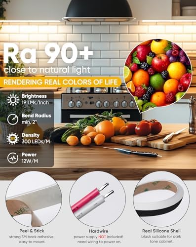 Shine Decor Under Cabinet Lighting Strip, Free Cuttable LED Silicone Neon Rope Hardwired 24V Anti-Glare Bright Cozy 684 Lumen for Indoor, Adhesive Black Shell 2700K Warm 36” UL Certified, No Adapter - Image 2