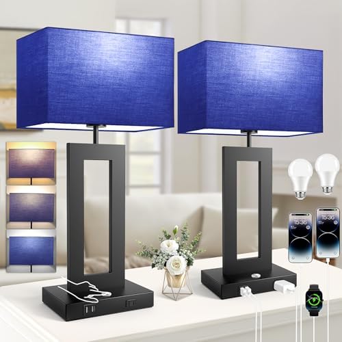 3 Color Temperatures Table Lamps for Bedrooms Set of 2, 22’’ Touch Control Bedside Nightstand Lamps with 2 USB Ports & AC Outlet, Stepless Dimmable Lamps with Blue Shade, Modern Decor for Living Room by Kondras