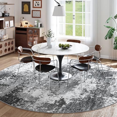 Round Area Rugs 6ft Washable Grey Circle Rug for Entryway Kitchen, Non Slip Soft Low Pile Stain Resistant, Boho Circular Carpet for Living Room Bedroom Dorm Dining Room Table, Abstract Gray - Image 2