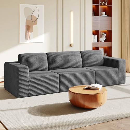 Vesgantti 119" Modular Sectional Sofa, Corduroy Cloud Couch with Deep Seating & Spring Support, 3 Seater Flexible Layout Sofa, Boneless Couch for Living Room & Apartment, No Assembly Required, Grey by Vesgantti