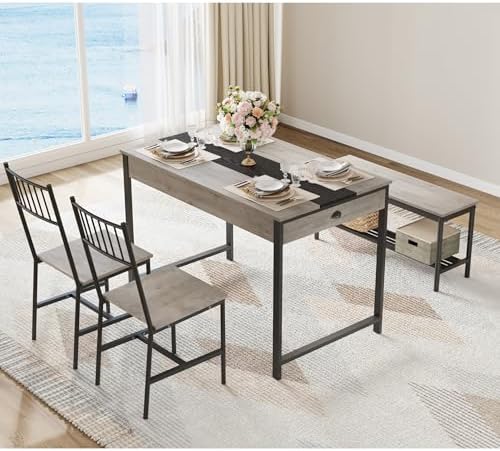 GarveeHome Dining Table Set for 4,Kitchen Table with Bench & 2 Chairs, Grey - Image 3