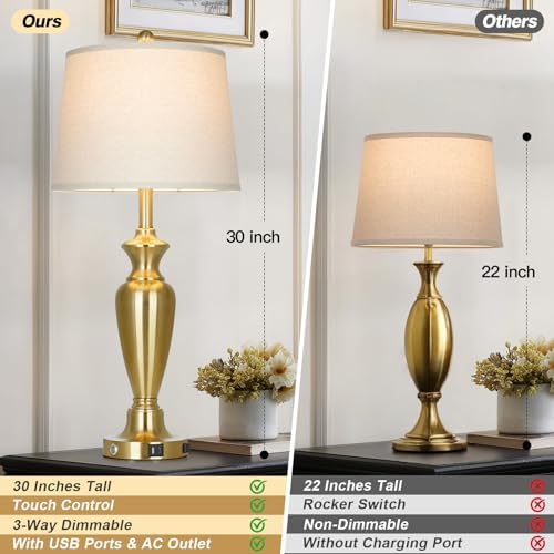 Cinyirong 30" Tall Gold Table Lamp for Living Room, 3-Way Dimmable Touch Control Bedside Lamp for Bedroom Nightstand with USB A+C Ports & AC Outlet (1 Pack) - Image 3