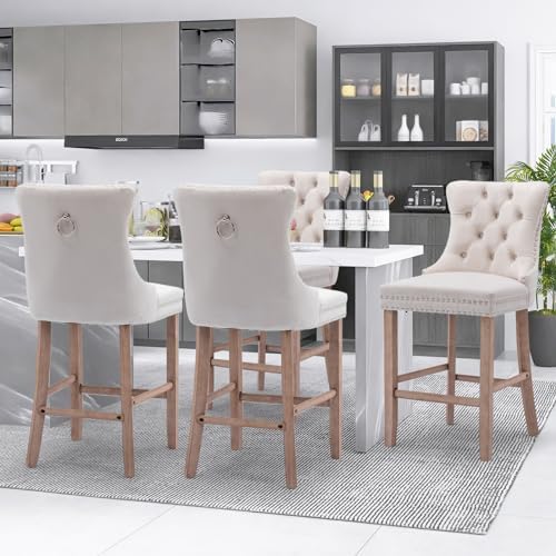 SoarFlash Modern Velvet Upholstered Bar Stools Set of 4 with Wood Legs, Button Tufted,Chrome Nailhead, Counterstool Seat, Armless Bar Chairs (Beige) - Image 6