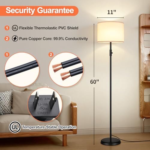 【Upgraded】 Dimmable Floor Lamp for Living Room,1000 Lumens Bulb Included, Modern Floor Lamps Simple Design with Linen Shade, Tall Standing Lamp for Bedroom Office Dining Room, Black Pole Lamp - Image 6
