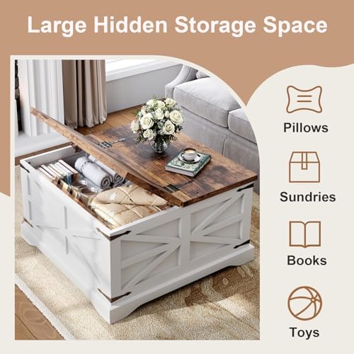 MXV Farmhouse Coffee Table with Storage, Square Coffee Tables for Living Room, Rustic Wood Center Table with Hinged Lifting Tabletop for Home, White - Image 3