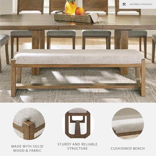 Signature Design by Ashley Cabalynn Farmhouse Upholstered Dining Bench, Foam Cushion, Hardwood Solids, 63.5" W x 16.5" D x 19.75" H, Beige & Light Brown - Image 4