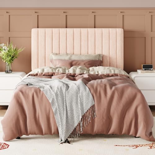 Allewie Twin Bed Frame, Upholstered Platform Bed with Adjustable Vertical Channel Tufted Headboard, Mattress Foundation with Strong Wooden Slats, Box Spring Optional, Easy Assembly, Chenille Pink - Image 3