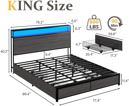 Lifezone King Bed Frame with 2-Tier Storage Headboard, Metal Platform Bed Frame with 4 Storage Drawers, Built in Charging Station & LED, Noise-Free/Metal Support/No Box Spring Needed, Rustic Grey - Image 2