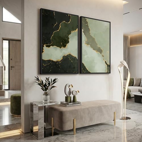 Large Framed Green Gold Abstract Wall Art for Living Room Set of 2, 24x36 - Image 4