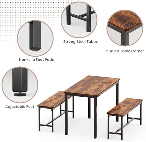 Dining Table Set for 4, Kitchen Table with 2 Benchs, Brown - Image 5