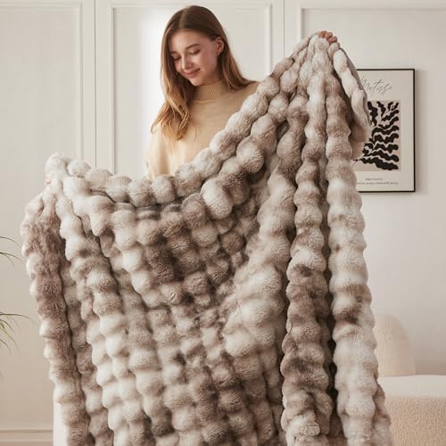COOVA Faux Fur Throw Blanket for Couch, Cozy Soft and Fuzzy Plush Rabbit Fur Bubble Blanket for Sofa Bedroom Living Room, 50x60 Inches Tie Dye Brown (Pack of 2) - Image 4