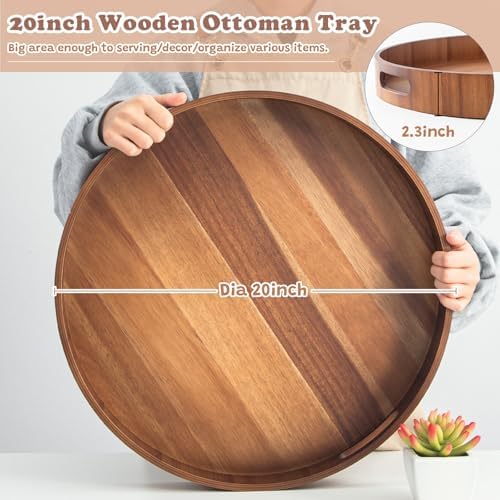 20 Inch Ottoman Coffee Table Tray with Handles, Large Round Wooden Serving Tray, Big Decorative Kitchen Organizer Giant Sofa Storage Trays Huge Counter Serveware - Image 2