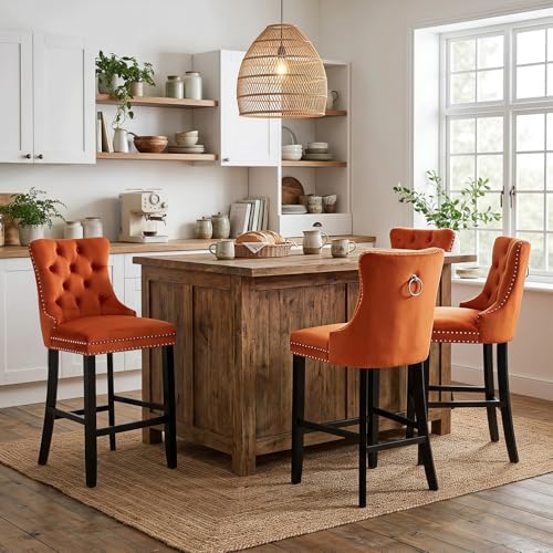 SoarFlash Modern Velvet Upholstered Bar Stools Set of 4 with Wood Legs, Button Tufted,Chrome Nailhead, Counterstool Seat, Armless Bar Chairs (Orange) by SoarFlash
