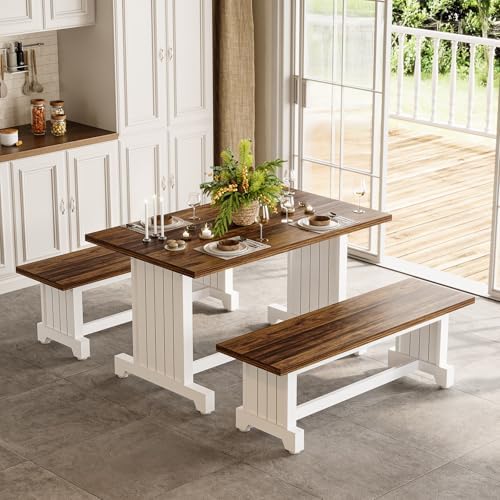 LITTLE TREE Dining Table Set for 4 with 2 Benches, Modern Kitchen Table with MDF Board, Space-Saving Dinette for Kitchen, Dining Room, Brown and White by LITTLETREE