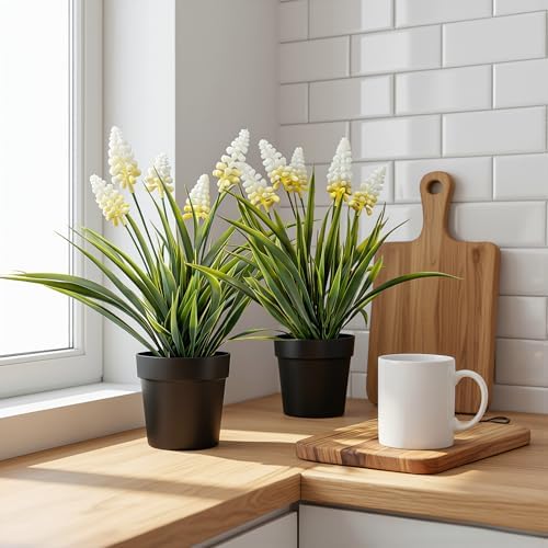 MONOID Artificial Potted Plants, Realistic Fake Greenery for Desk, Home Office Bathroom Shelf Farmhouse Table Decor, Maintenance Free (2, Hyacinth White) - Image 3