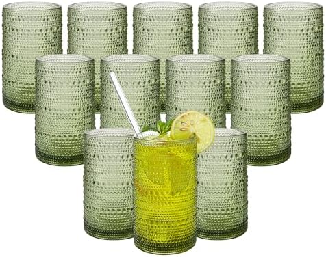 Vintage Hobnail Drinking Glasses Set of 12, 16 oz Large Capacity Embossed Green Tumblers, Highball Glasses for Water, Cocktail, Beer, Whiskey, Kitchen & Bar Use by Unknown