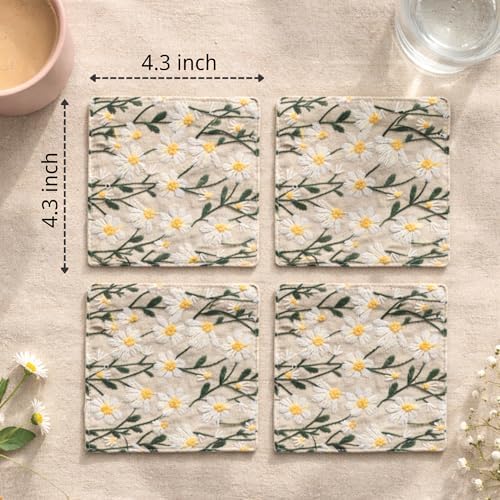 Handmade Daisy Embroidered Coasters Set of 4, 4.3" Cotton Linen Drink Coasters for Wooden Table, Rustic Cottagecore Floral Cup Mats, Decorative Small Vase Mat, Aesthetic Desk Decor & Jewelry Pad - Image 7