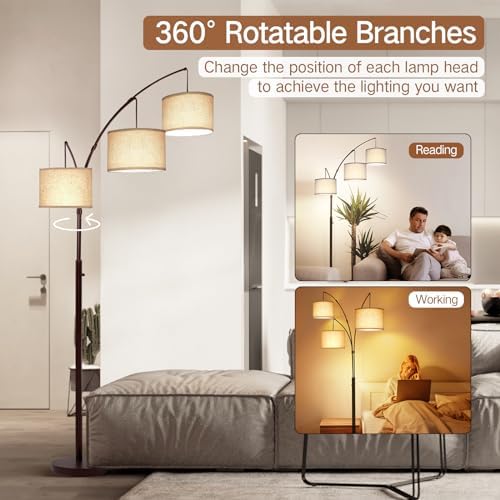 OUTON Tall Arc Floor Lamp - Adjustable, Modern, 3-Light Arched Lamp for Bedroom, Office, and Living Room, 2400lm Mid Century Design with 3 Energy-Efficient LED Bulbs Included, Beige Lampshade - Image 3