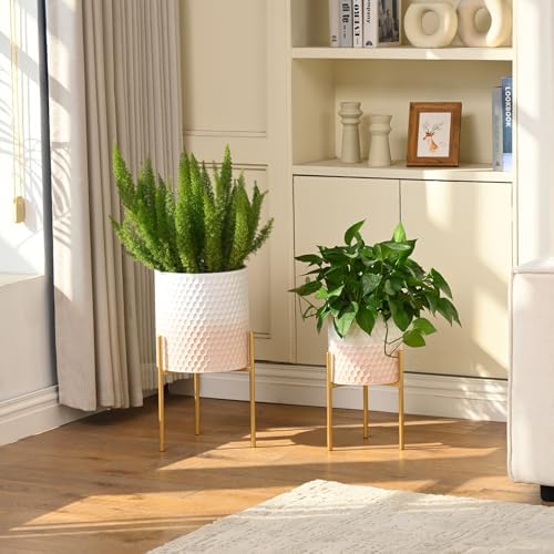Modern Planter Pots, Set of 2 White Pink Planters with Stand, Decorative Planters, Metal Pots with Drainage Holes for Living Room, Office, Garden - Image 3