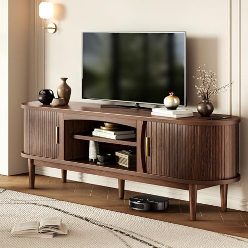 Decofy Mid Century TV Stand for TVs up to 70 Inches Entertainment Center with Storage, Power Outlet, Fluted Sliding Doors & Adjustable Shelves, Modern Media TV Console Table for Living Room (Walnut) - Image 7